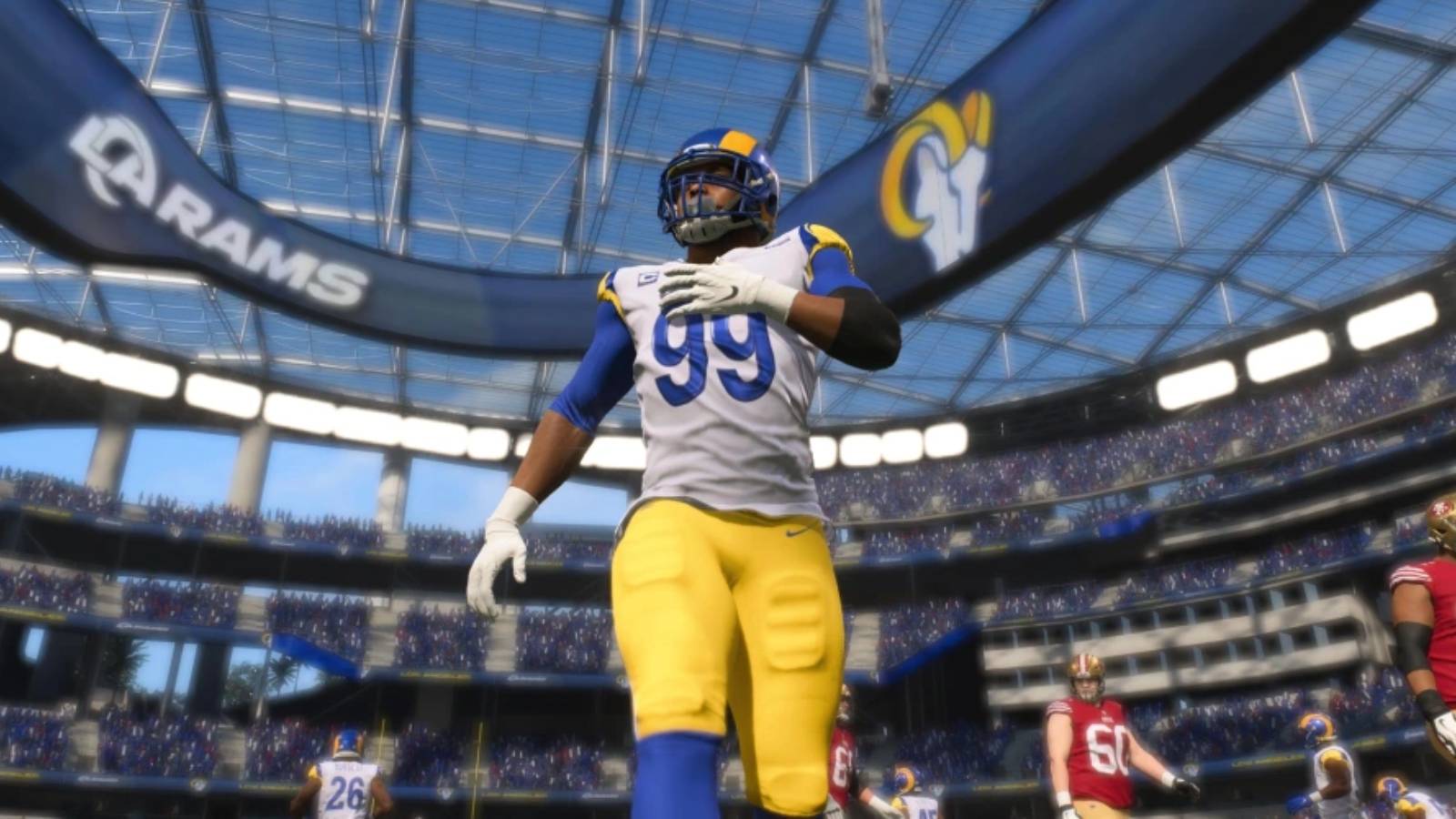 image of a madden nfl 23 player celebrating a score. 