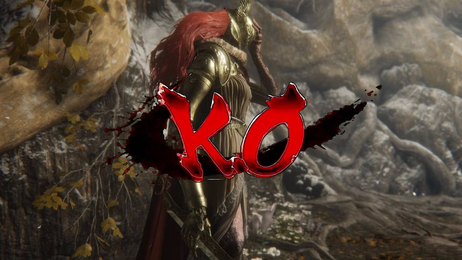 K.O. graphic from Street Fighter overlaid on a screenshot of Malenia from Elden Ring