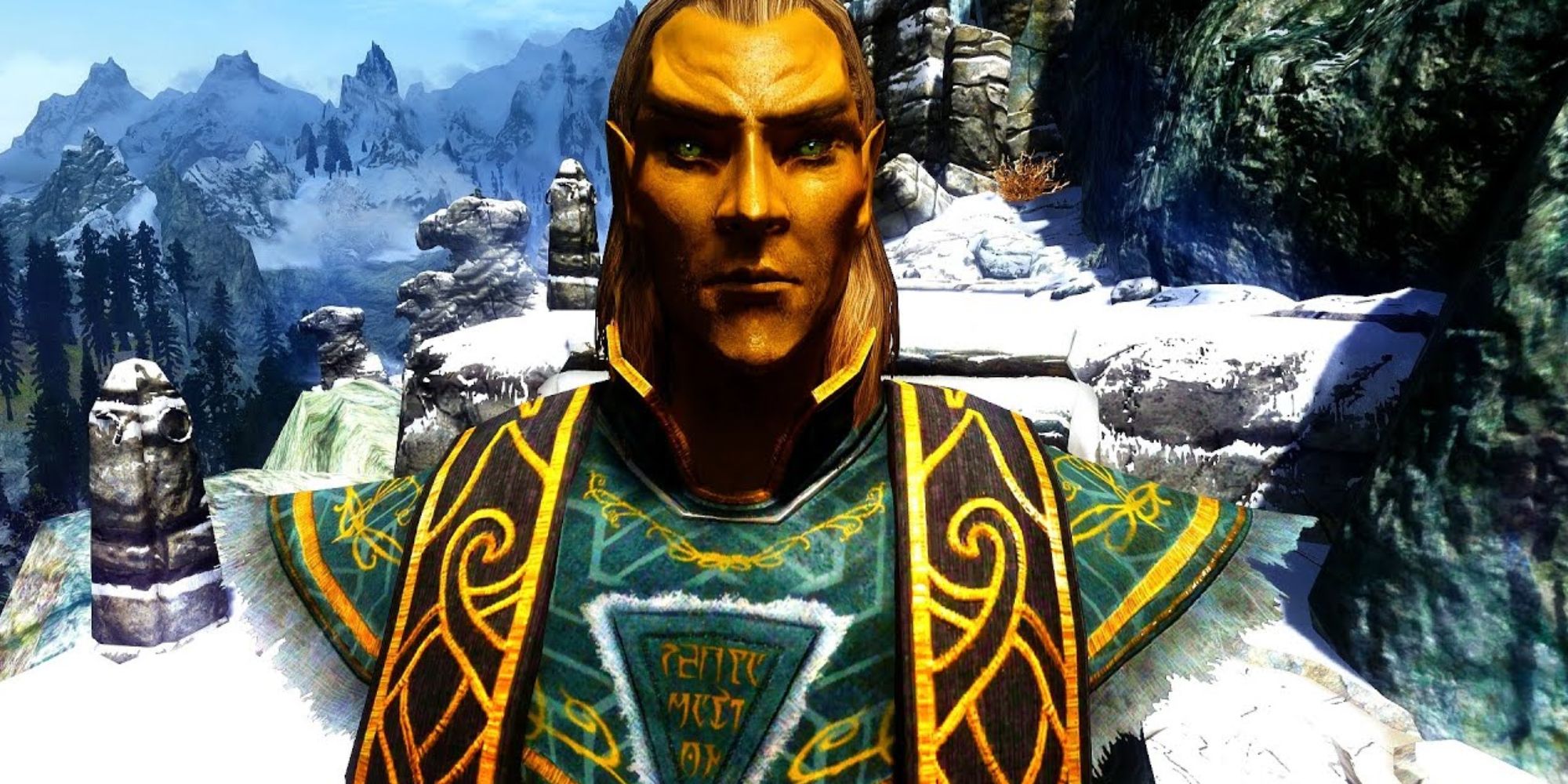 Mankar Camoran with the mountains of Skyrim in the background. 