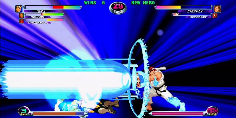 Ryu shooting a beam at Chun-Li in Marvel vs Capcom 2