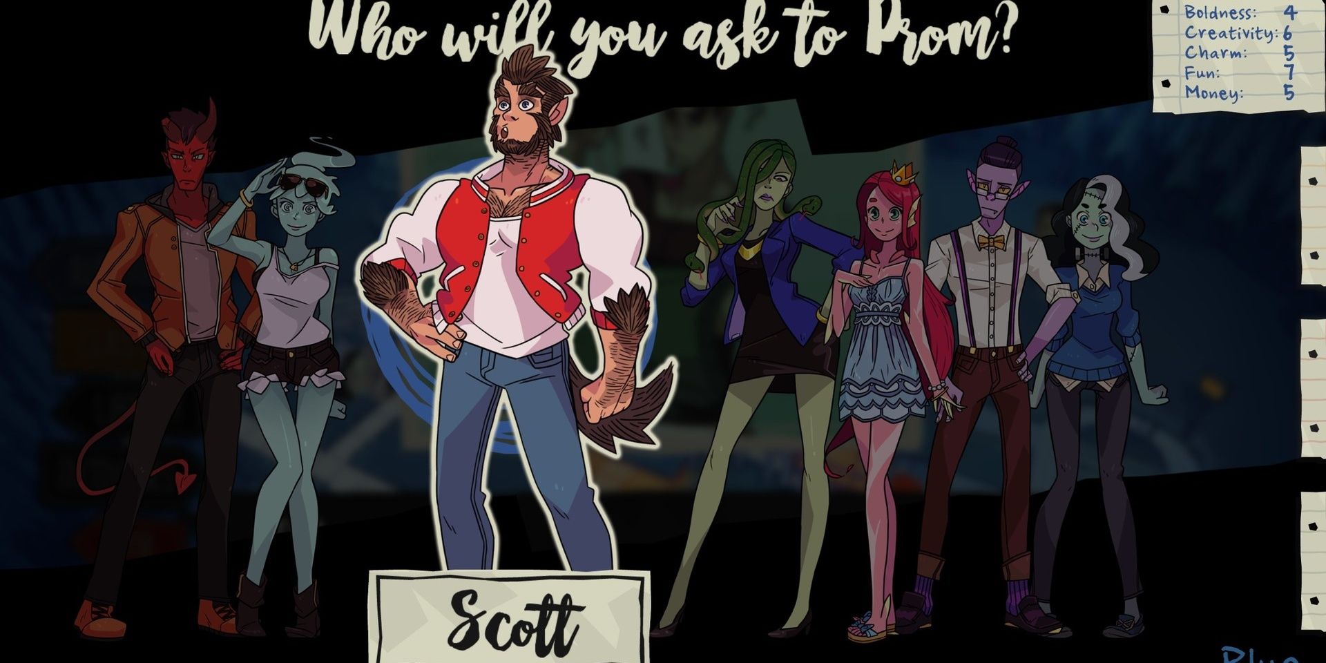 Selecting Scott as a date in Monster Prom