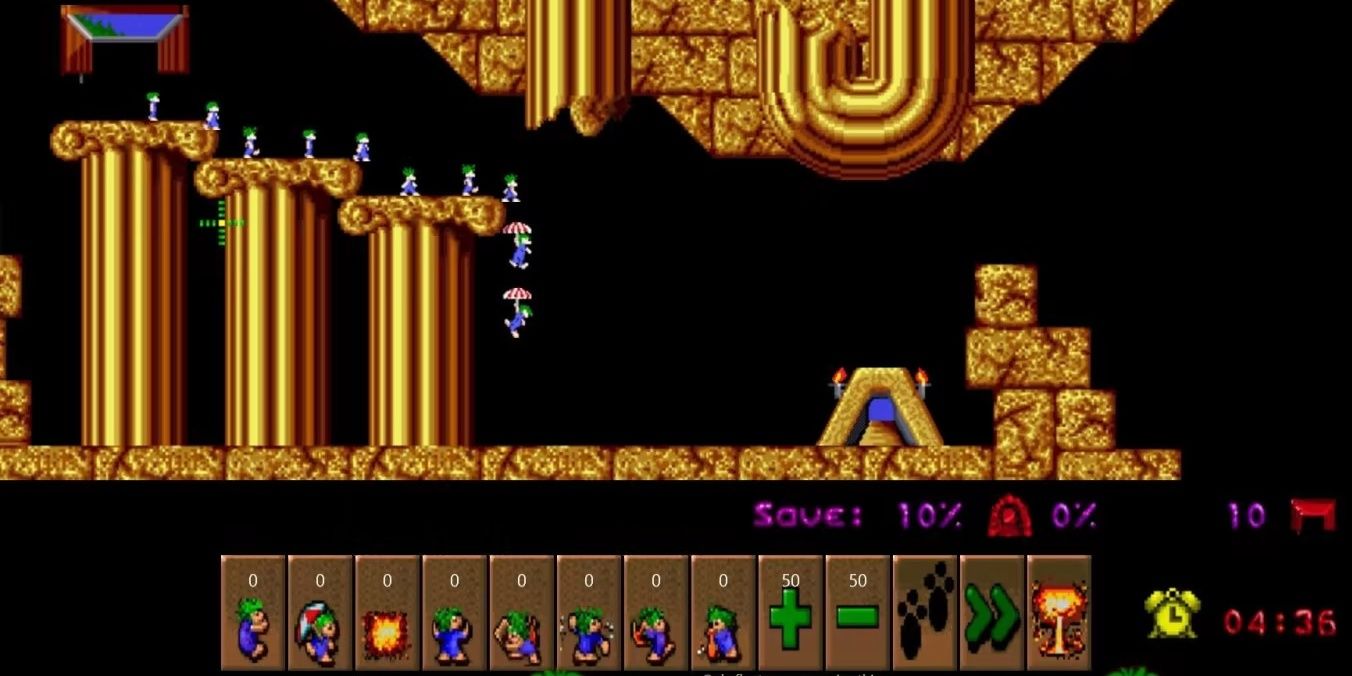 Lemmings parachuting off a pillar in Lemmings