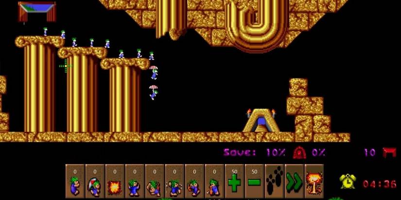 Lemmings parachuting off a pillar in Lemmings