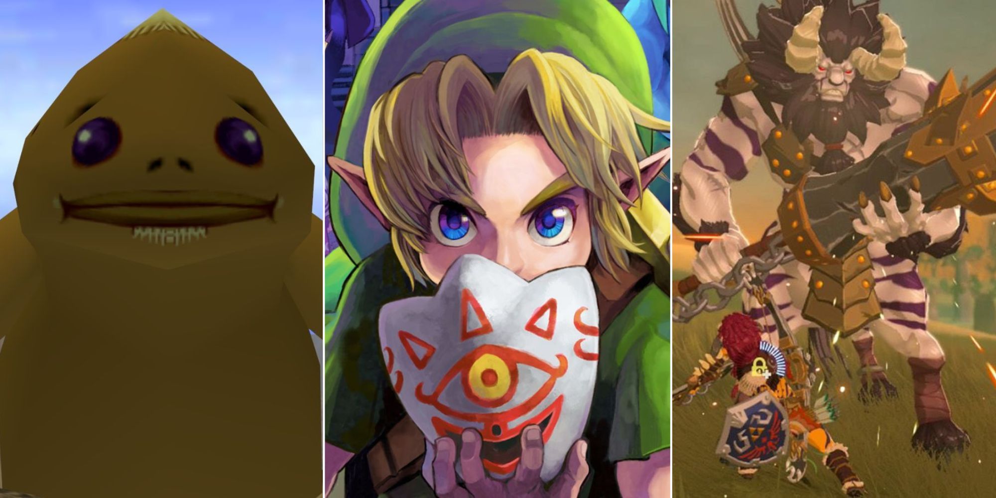 split image of biggoron in ocarina of time, link from majoras mask, and link fighting a lynel in breath of the wild