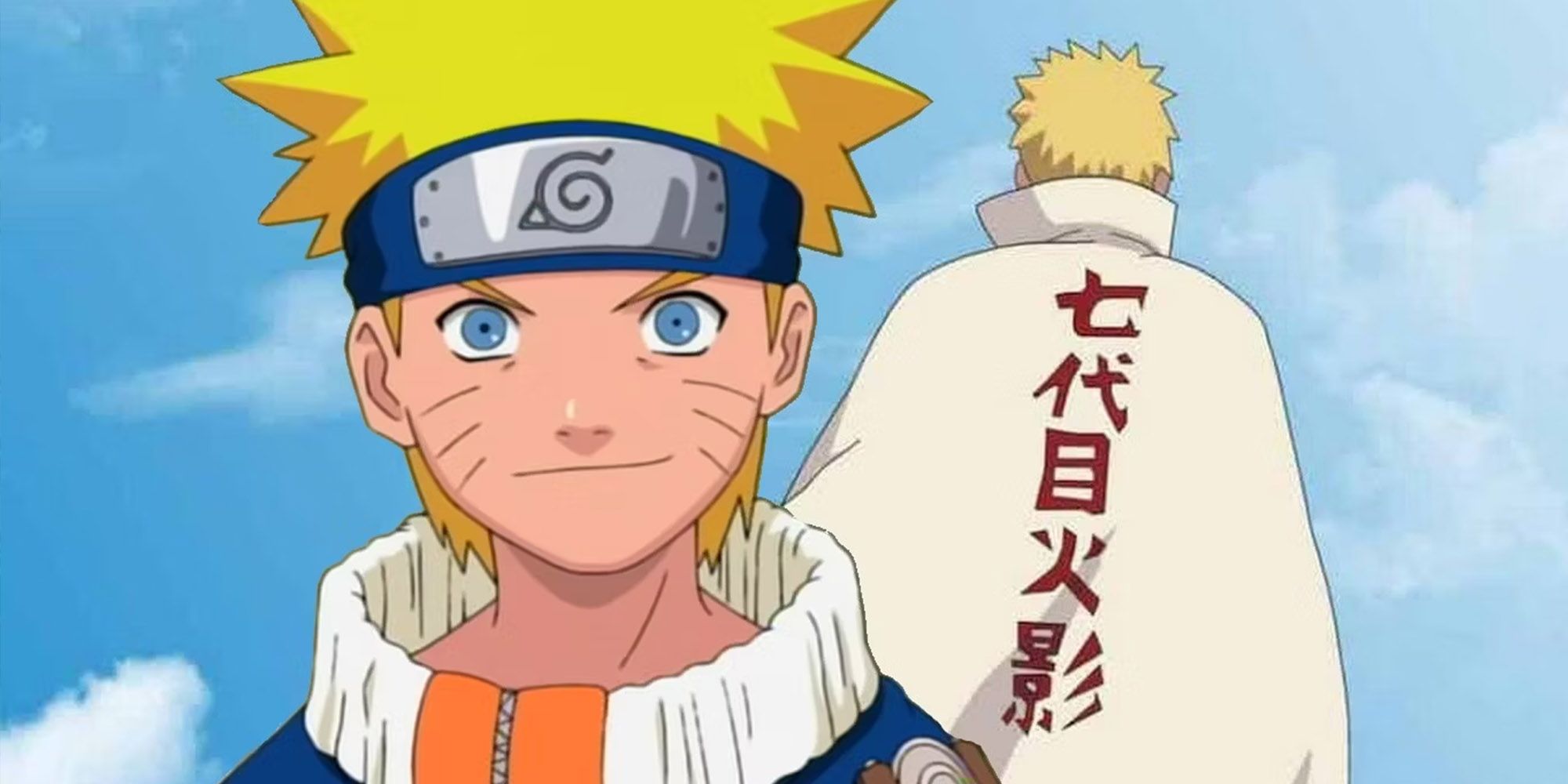 Naruto - Naruto joven frente a la cámara y Naruto Hokage mirando hacia otro lado