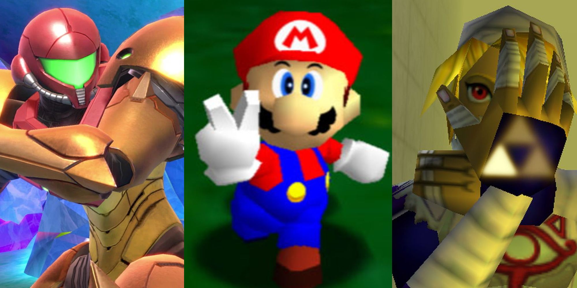 Samus aparece em Super Smash Bros Ultimate;  Mario em pose de vitória em Super Mario 64;  O Sheik posa em Ocarina of Time