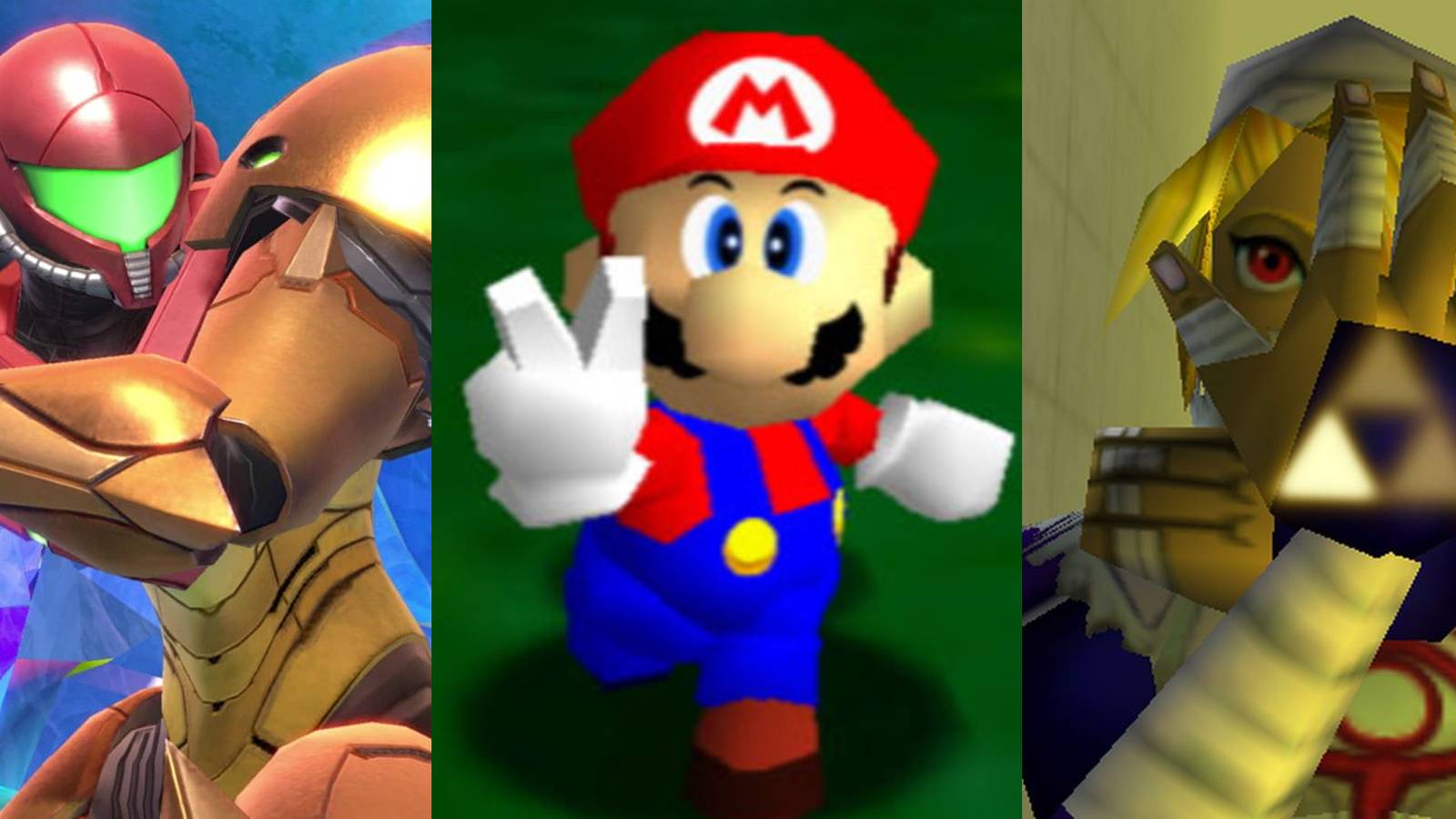 Samus appearing in Super Smash Bros Ultimate; Mario in a victory pose in Super Mario 64; Sheik posing in Ocarina of Time