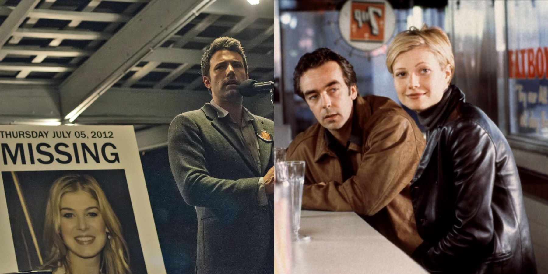 Split image of Ben Affleck in Gone Girl and John Hannah and Gwyneth Paltrow in Sliding Doors