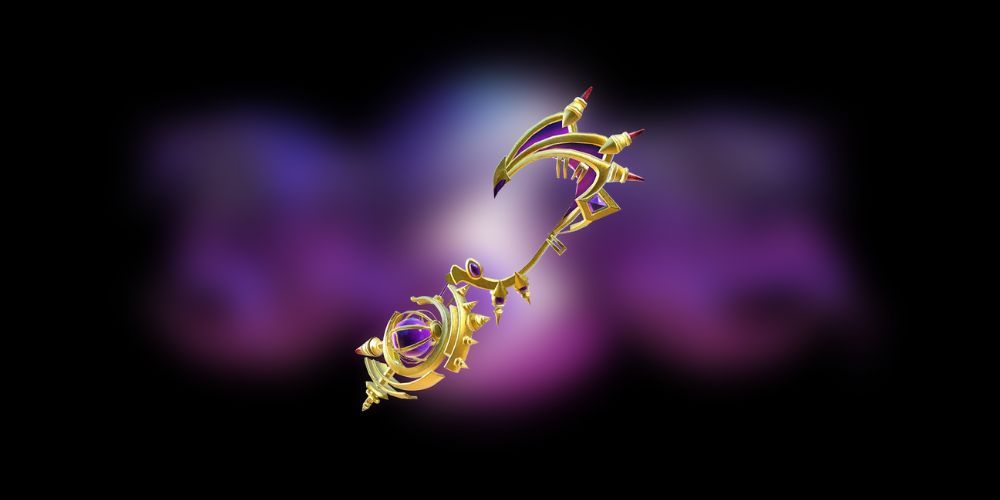 Bayonetta 3 Nucleus of Talos. A gold and purple accessory roughly scythe shaped