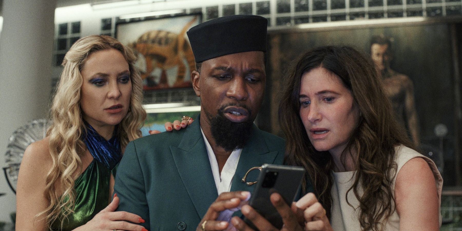 Kate Hudson Leslie Odom Jr. and Kathryn Hahn shocked in Glass Onion: A Knives Out Mystery