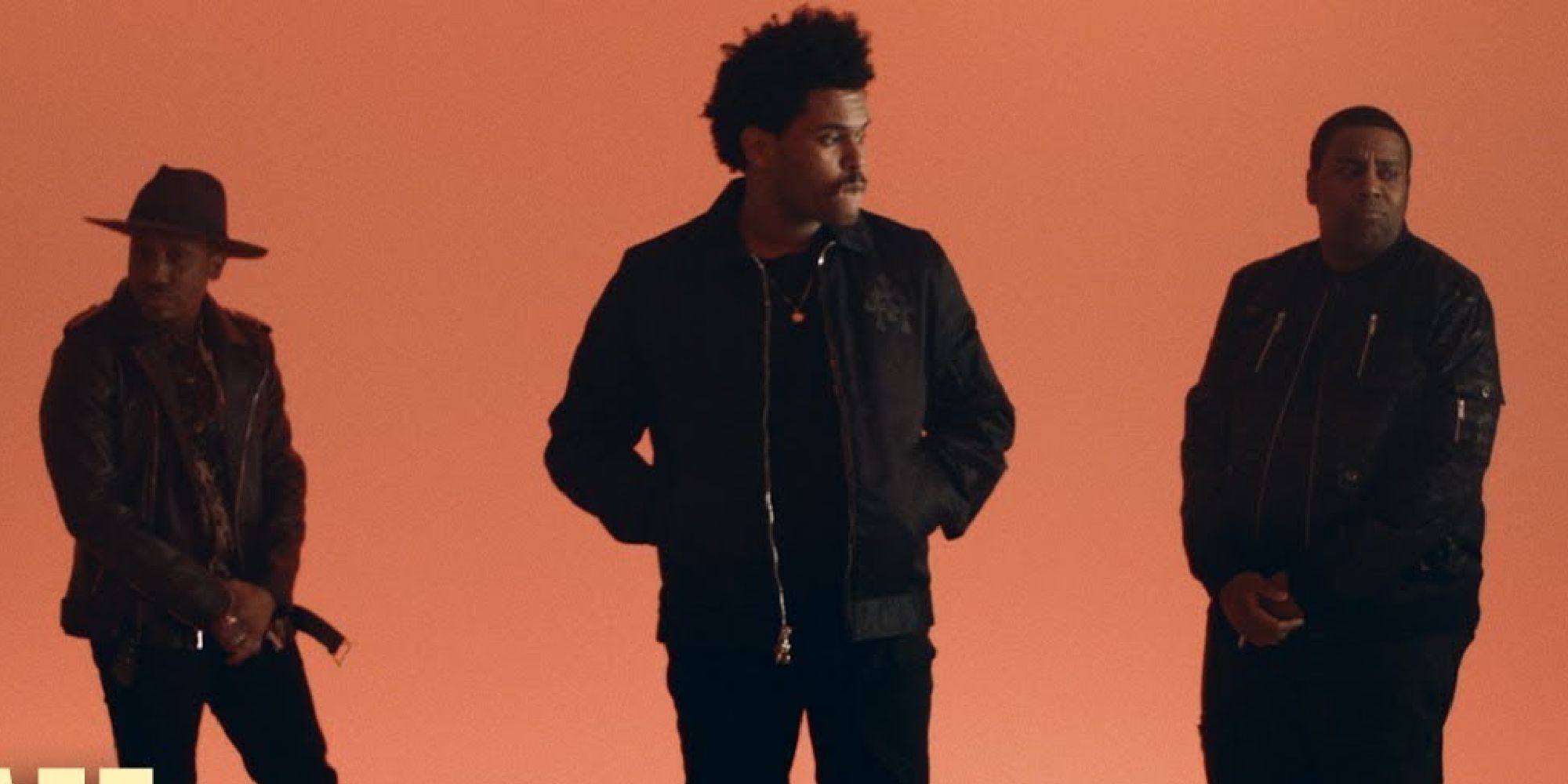 Chris Redd, The Weeknd, and Kenan Thompson on an orange background