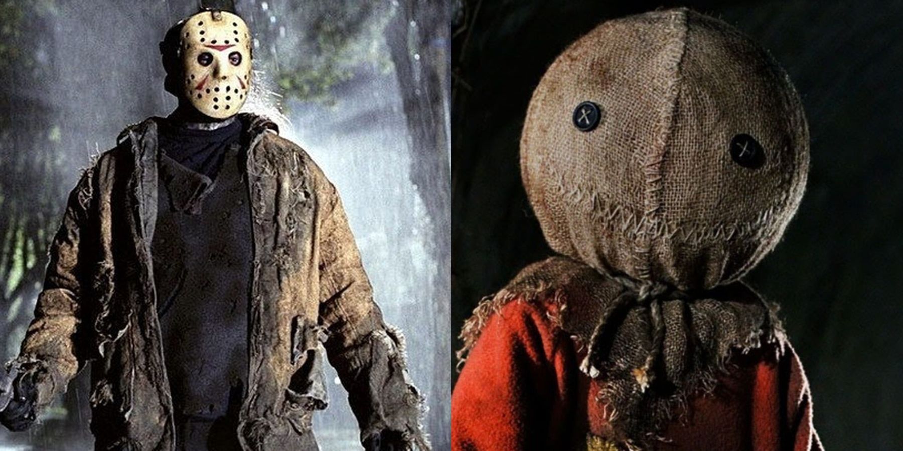 Split image of Jason Voorhees in Friday the 13th and Sam in Trick 'r Treat