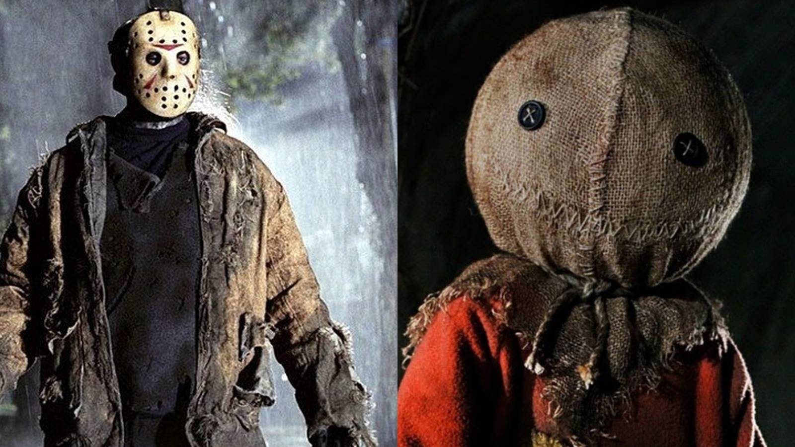 Split image of Jason Voorhees in Friday the 13th and Sam in Trick 'r Treat