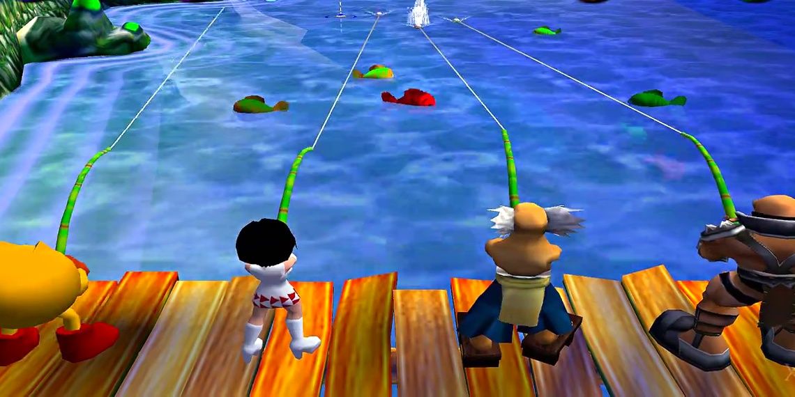 Pac-Man and other Namco characters fishing in Pac-Man Fever