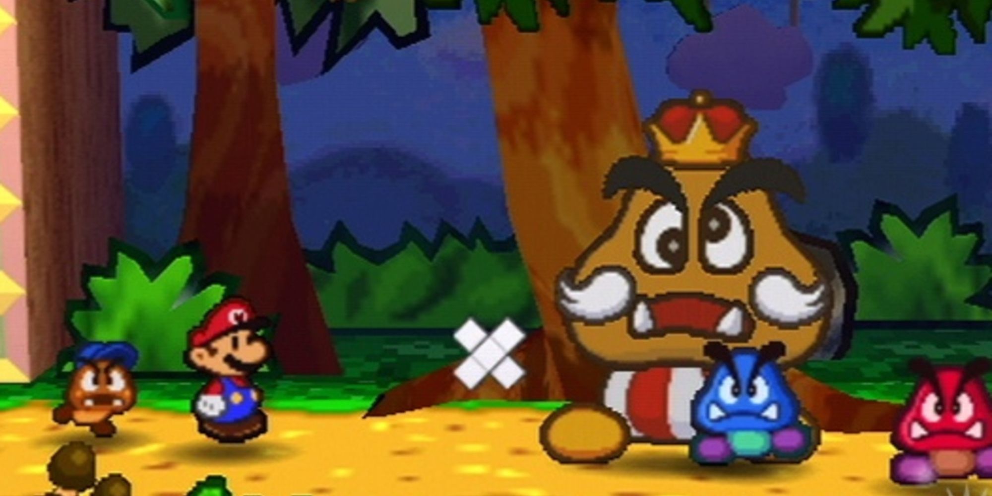Mario approaching an injured Goomba in Paper Mario