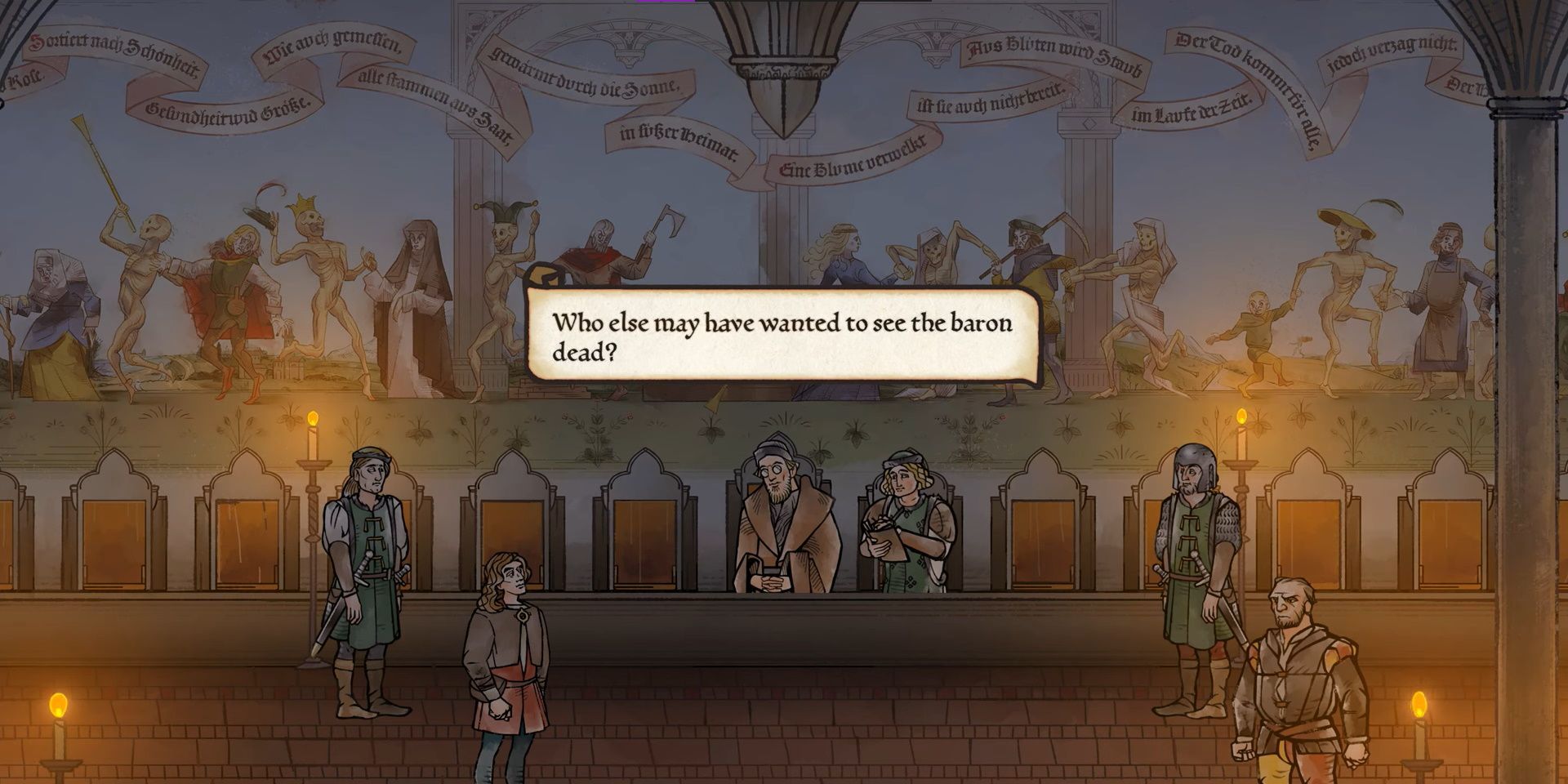a screenshot from Pentiment in which Andreas is asked who killed the Baron