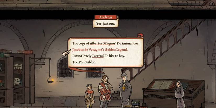 a screenshot from Pentiment in which Andreas buys a book from Sister Illuminata