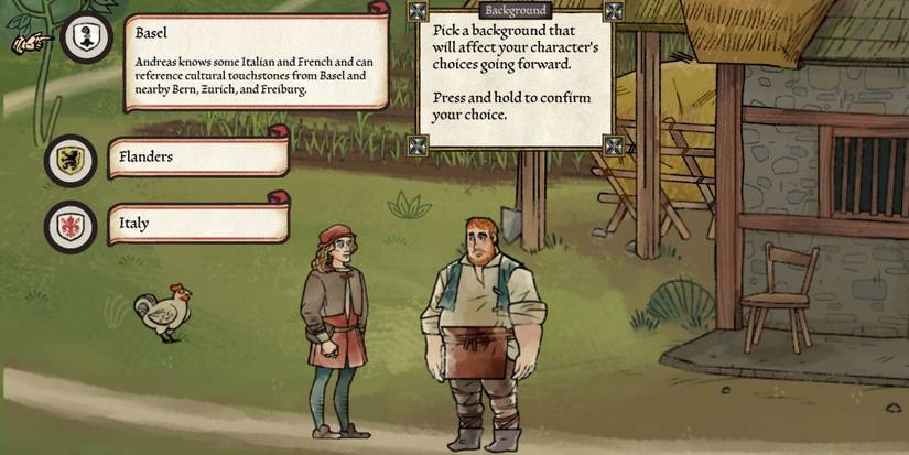 a screenshot from Pentiment in which Andreas talks to Big Jorg