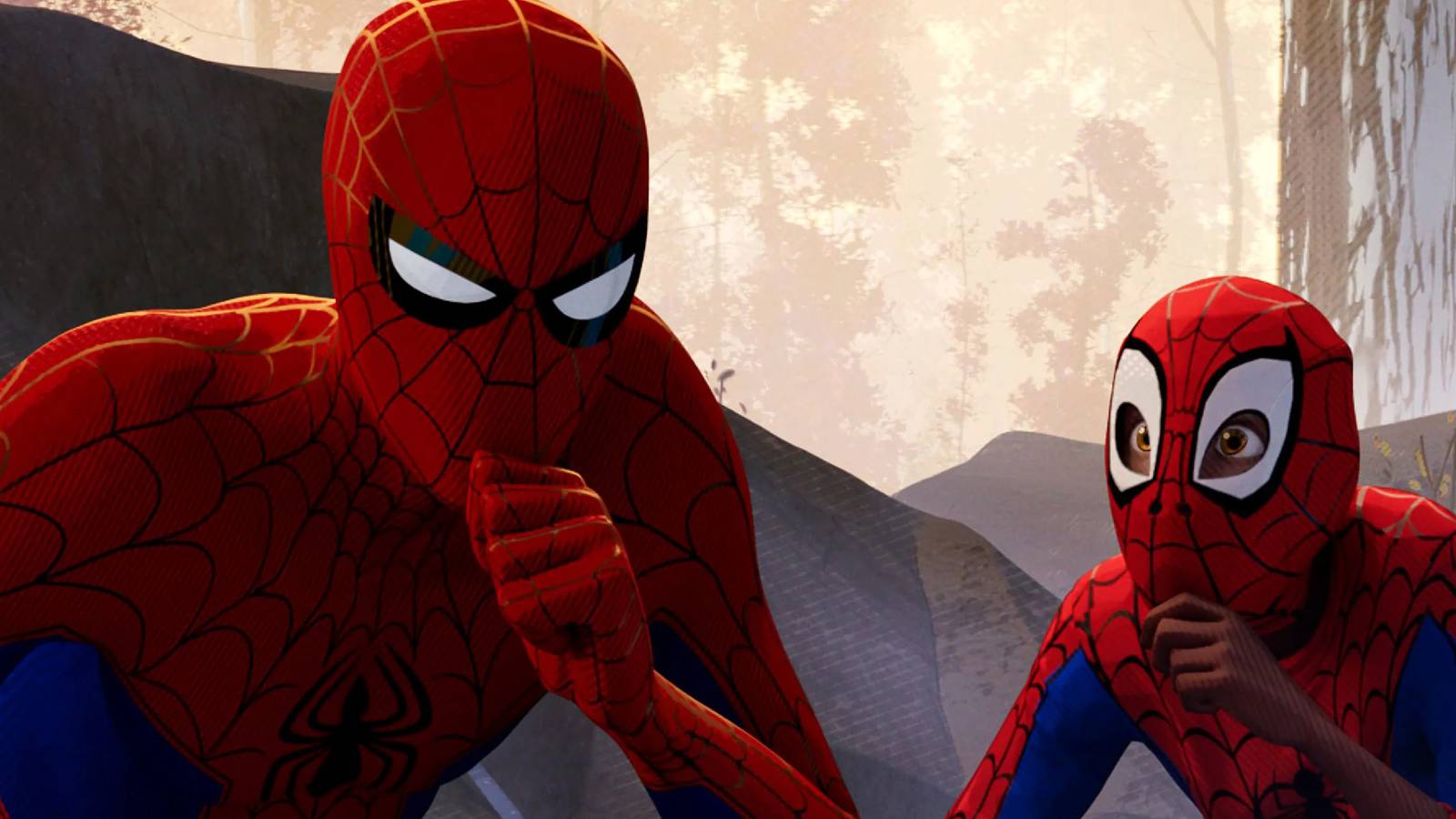 Peter B Parker with Miles Morales in Into The Spider-Verse