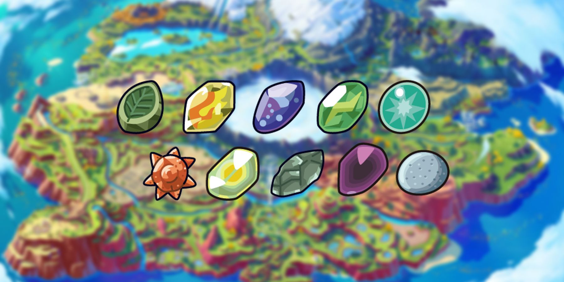 An assortment of evolution stones from Pokemon, overlaid on Paldea's region map.