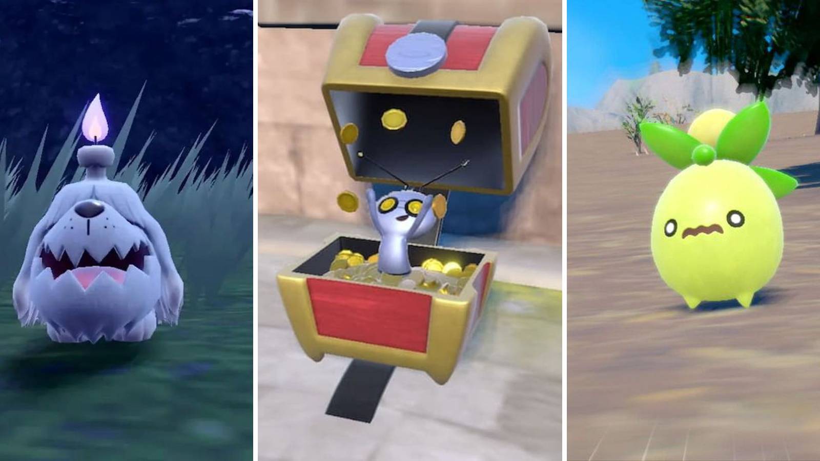 left to right: greavard, gimmighoul, smoliv