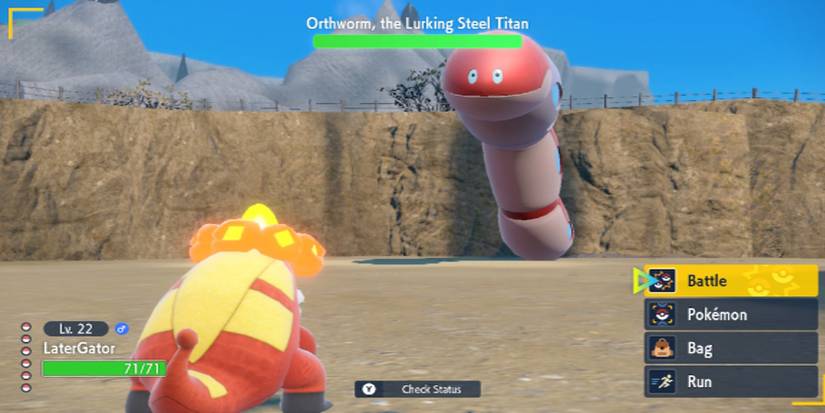 Pokemon Scarlet Violet-Lurking Steel Titan in battle against Orthworm