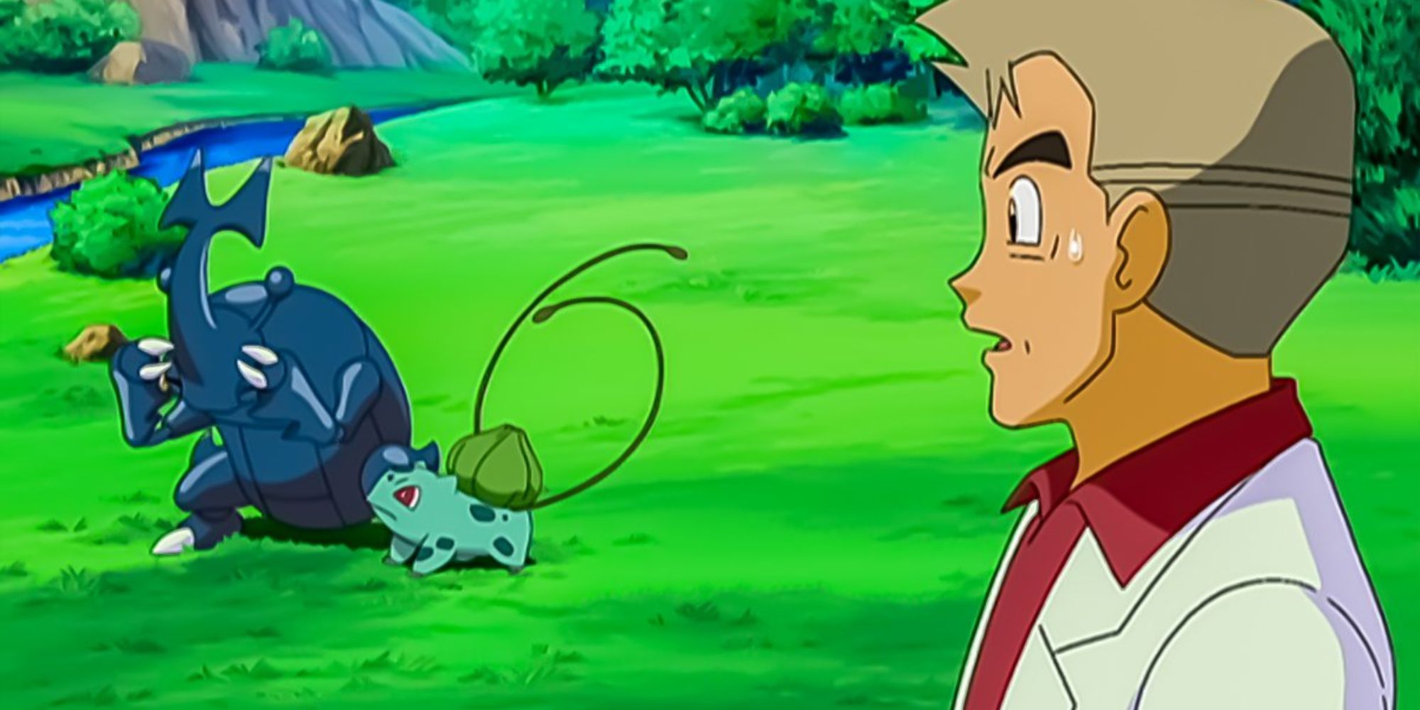 Professor Oak looking at Ash's Heracross and Bulbasaur as they bicker. 