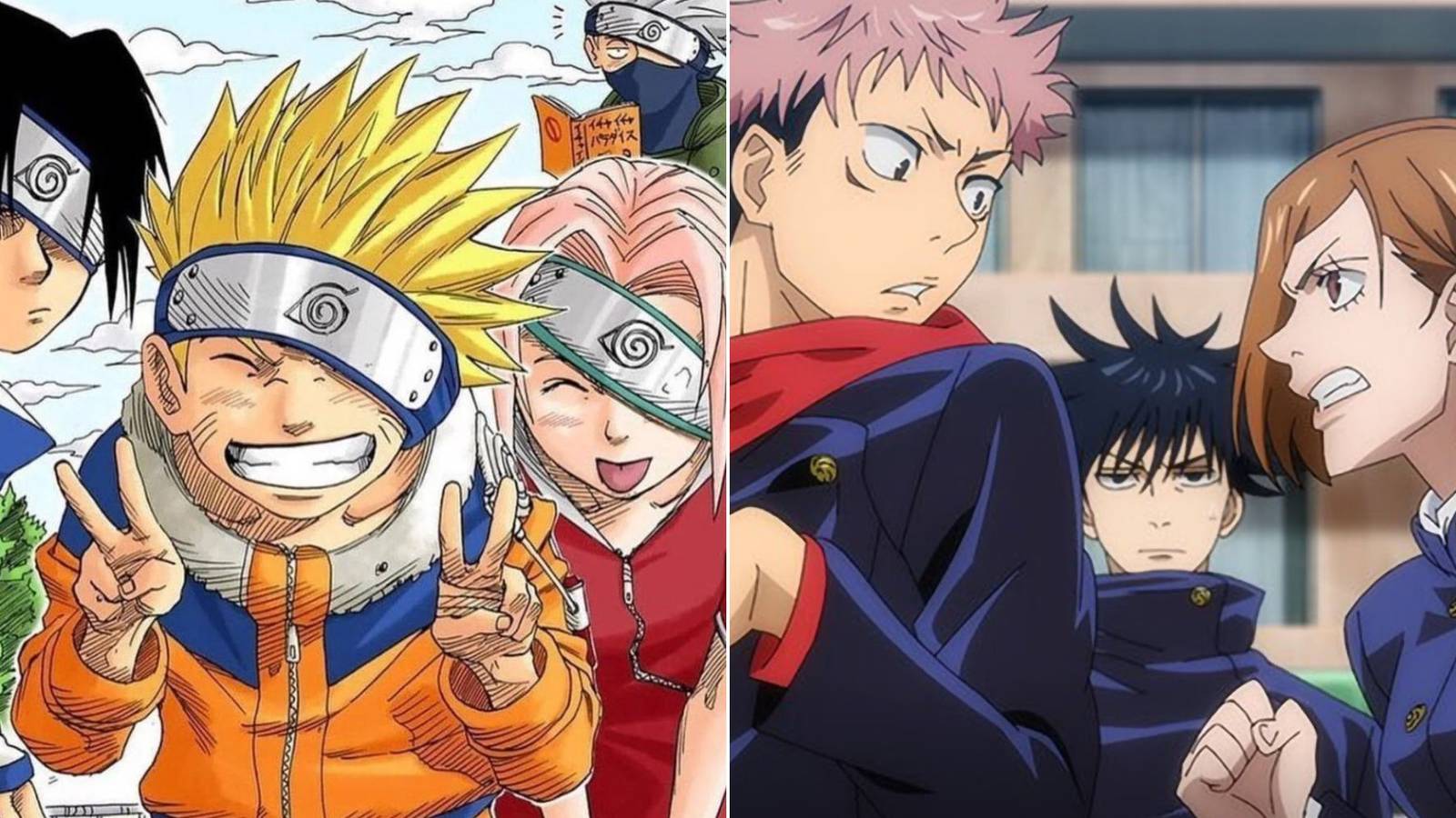 Split image of team 7 from naruto and the Jujutsu high first years from Jujutsu Kaisen