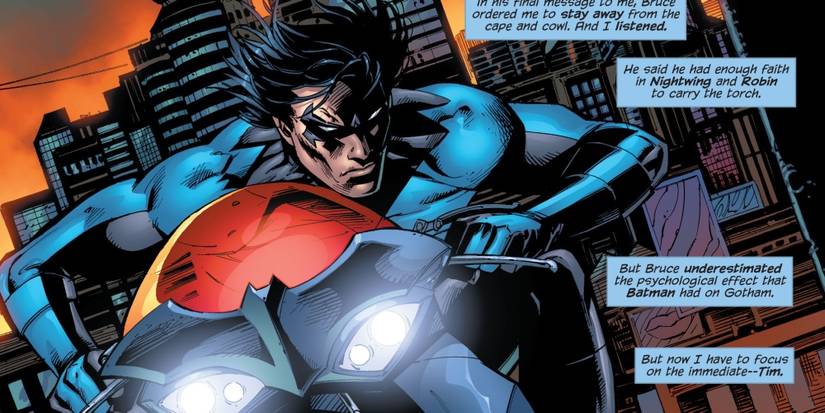 nightwing on a motorcycle in gotham city