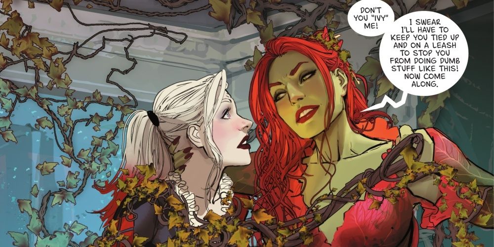 poison ivy ties harley quinn up in the 30th anniversary special