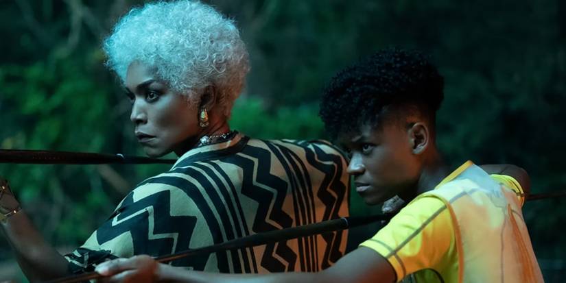 Queen Ramonda and Shuri wielding spears in Black Panther: Wakanda Forever 