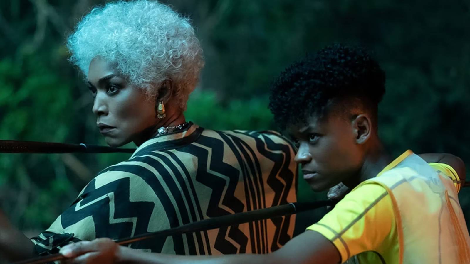 Queen Ramonda and Shuri wielding spears in Black Panther: Wakanda Forever 