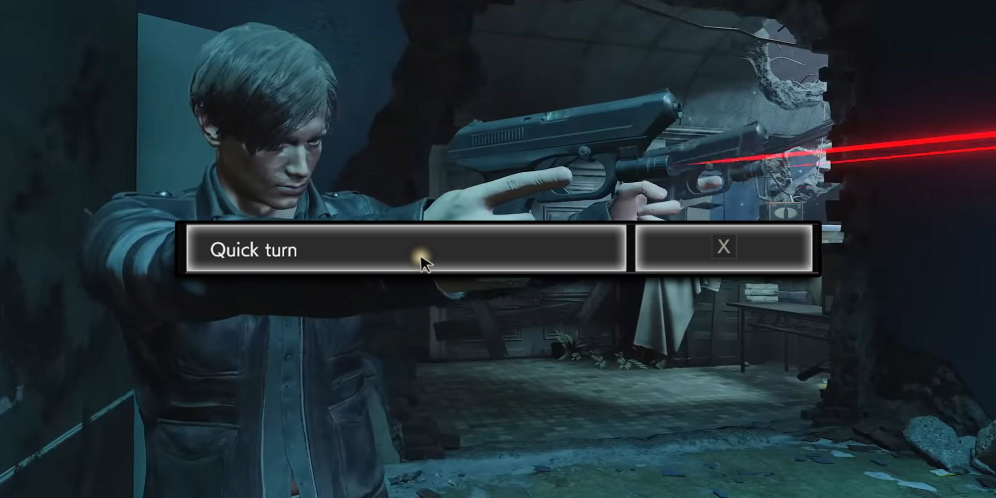 Resident Evil ReVerse - Quick Turn Menu Option On Image Of Leon Quick Turning Around With Dual Pistols