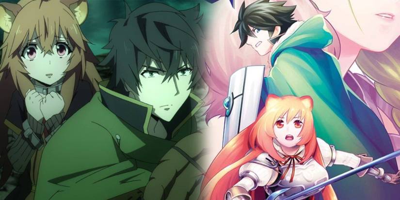Rising Of Shield Hero - Shield Hero And Raphtalia Being Protected In Anime Next To Raph And Shield Hero Together On Manga Cover