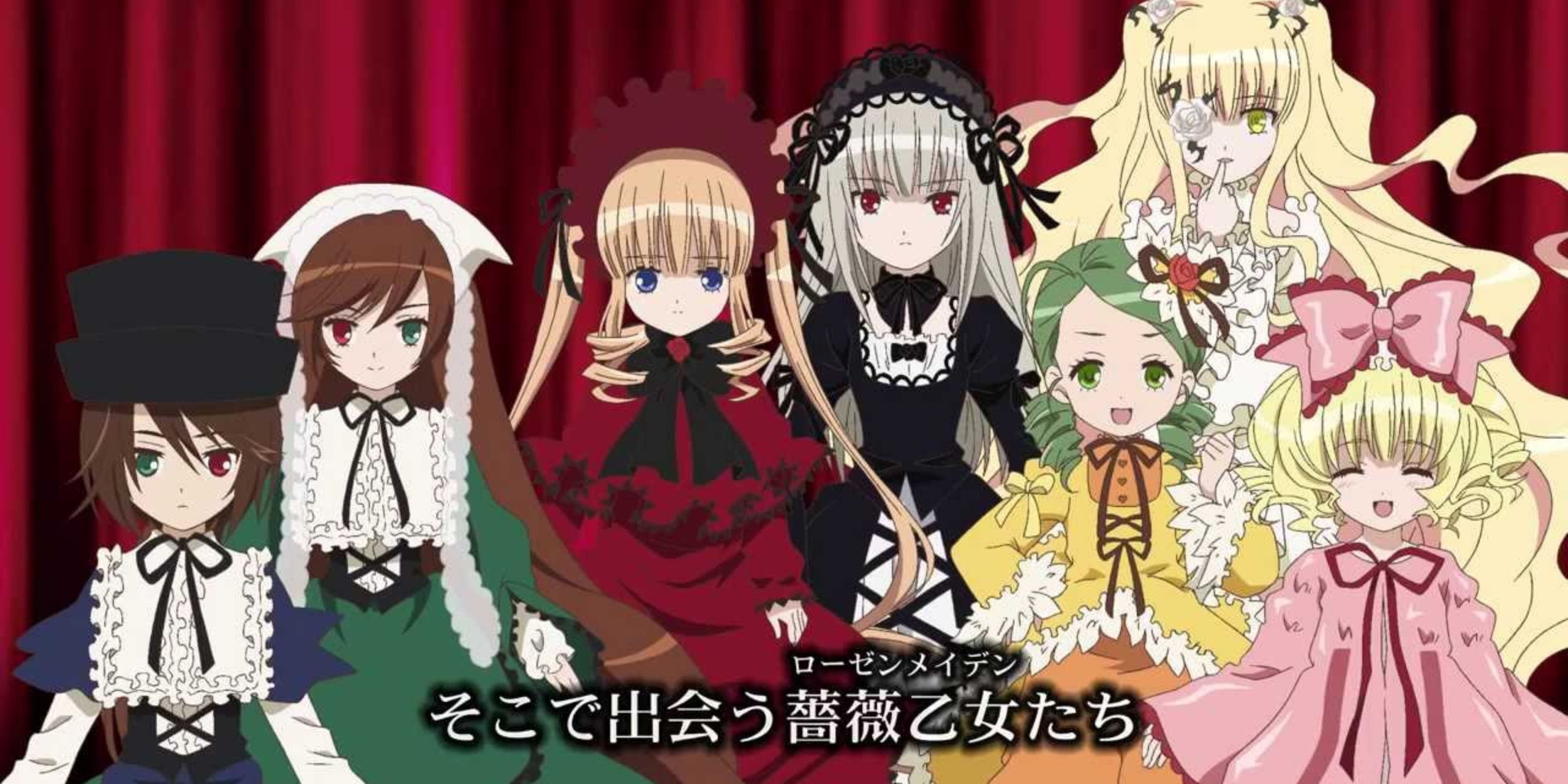 The 7 candidates of the Alice Games from left to right: Souseisek, Suiseiseki, Shinku, Suigintou, Kanaria, Hinaichigo (front) and Kirakishou (back)