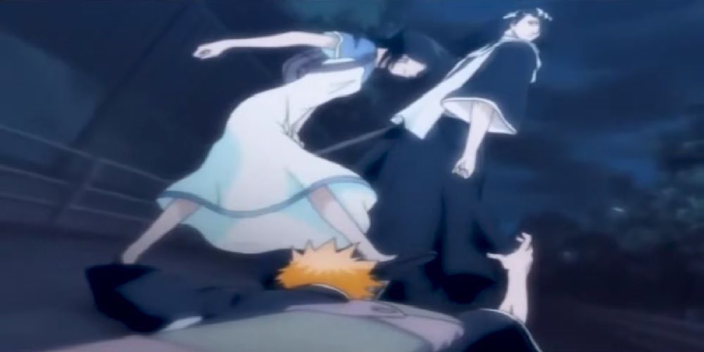 Rukia stops Ichigo from grabbing Byakuya in the Bleach anime