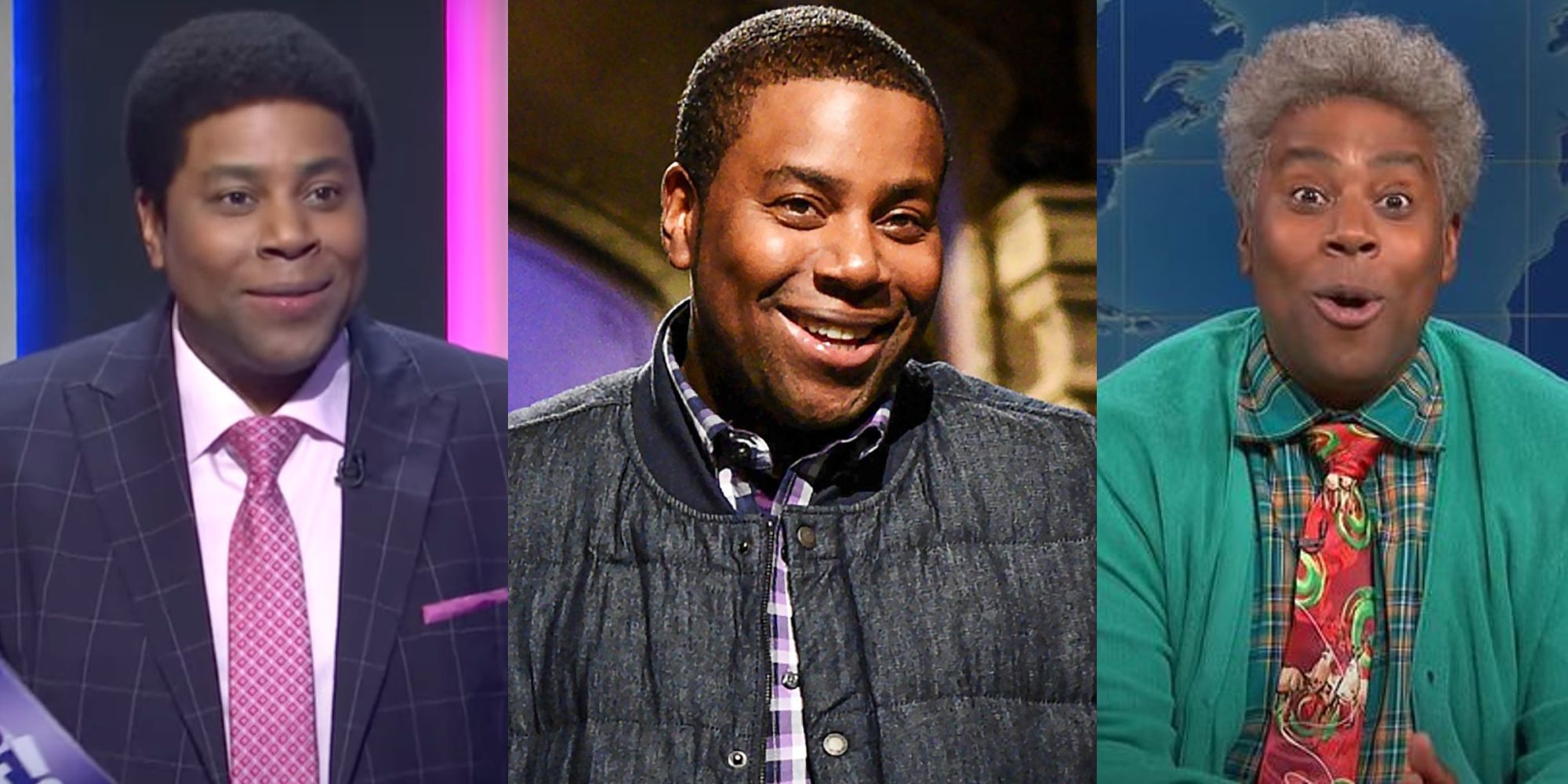 Kenan as a game show host; Kenan standing on the main stage at SNL; Kenan as Willie on Weekend Update