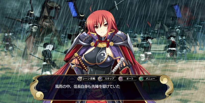 Red hair general girl on an active battlefield