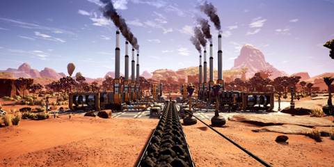 A conveyor belt with resources leading to some machines in Satisfactory