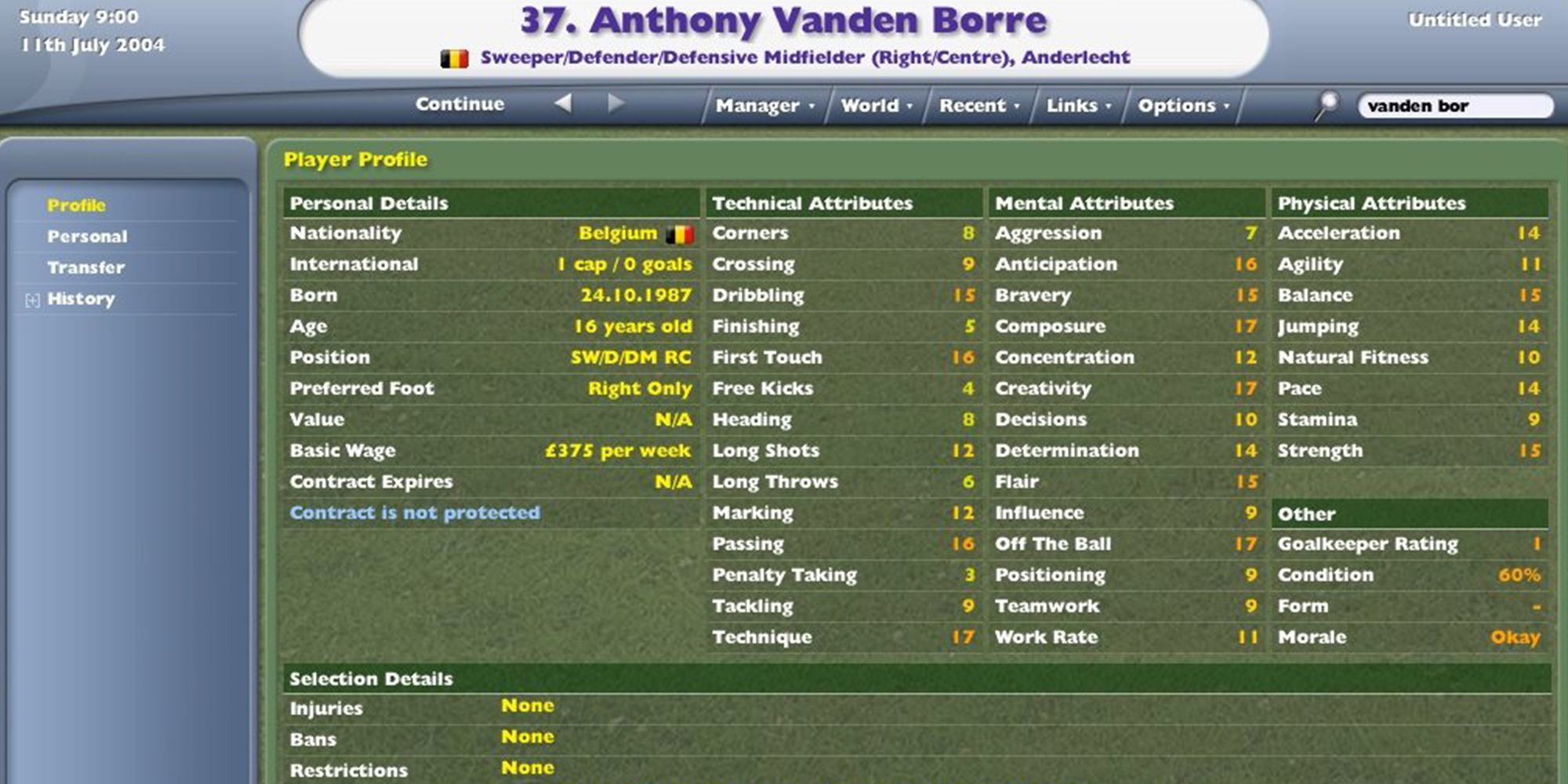 Screenshot Of Anthony Vanden Borre's FM05 Stats