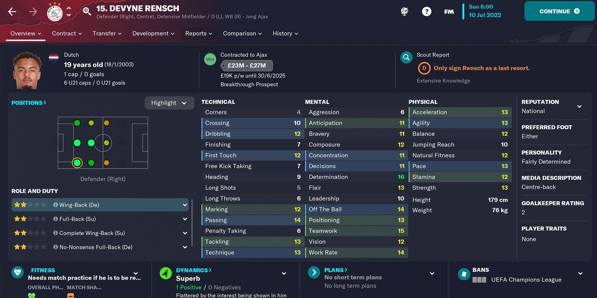 Screenshot of Devyne Rensch In Football Manager 23
