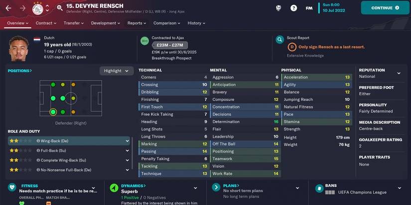 Screenshot of Devyne Rensch In Football Manager 23
