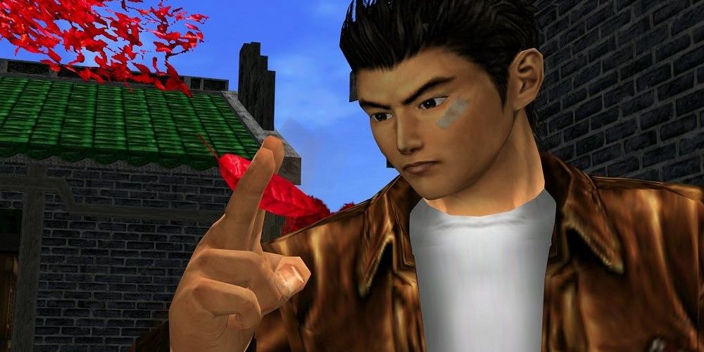 Shenmue holding a red leaf in a courtyard in Hong Kong.