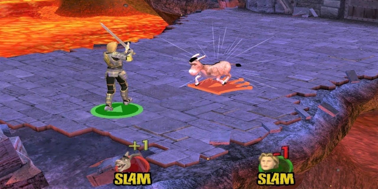 Donkey charging Prince Charming in Shrek Super Slam