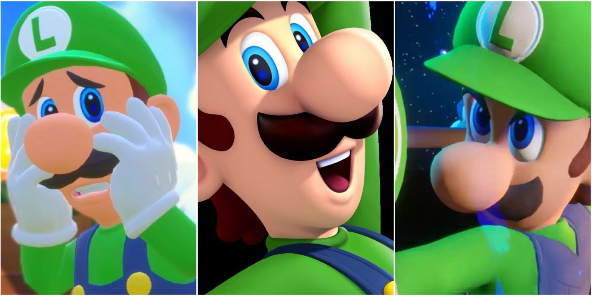 Three different images of Luigi from Mario + Rabbids: Sparks of Hope