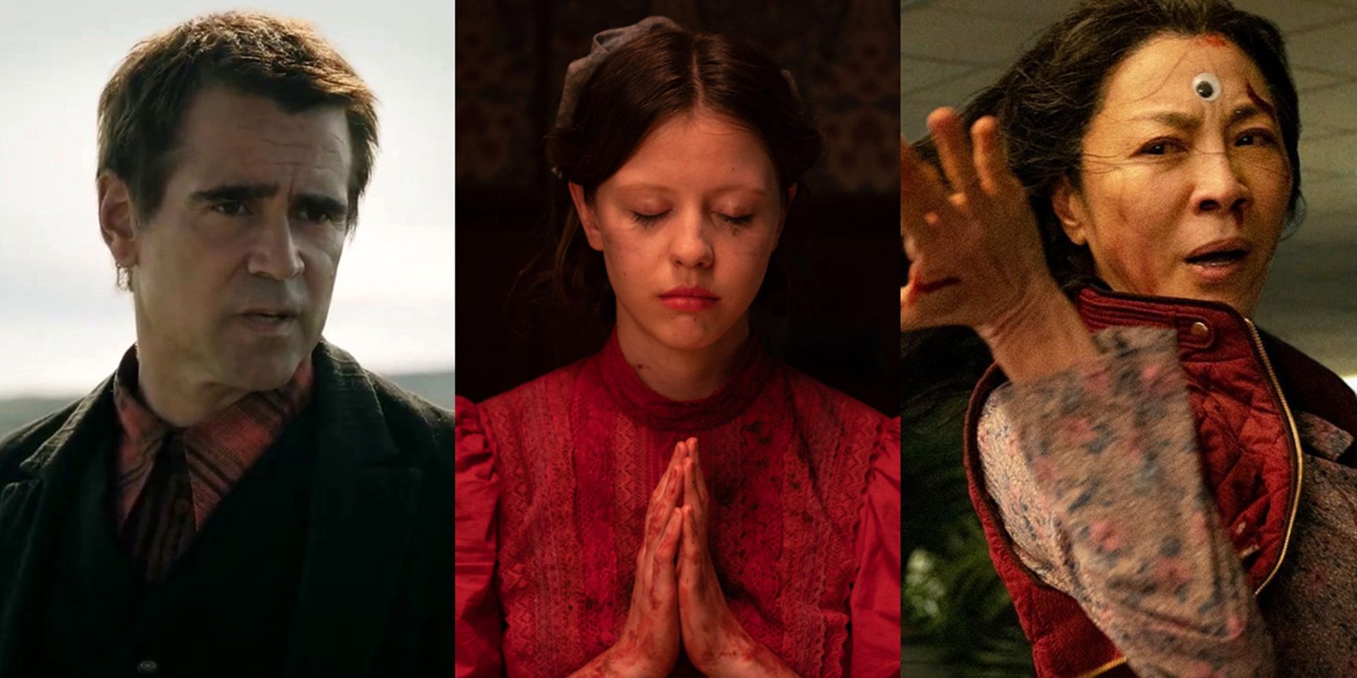 Split image of Colin Farrell in The Banshees of Inisherin, Mia Goth in Pearl, and Michelle Yeoh in Everything Everywhere All at Once