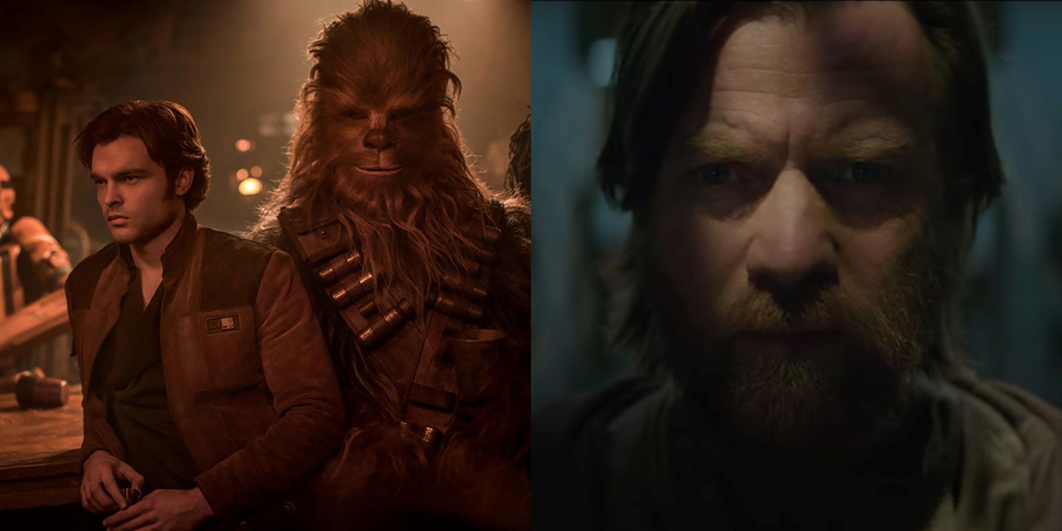 Split image of Han and Chewie in Solo and Obi-Wan in Obi-Wan Kenobi