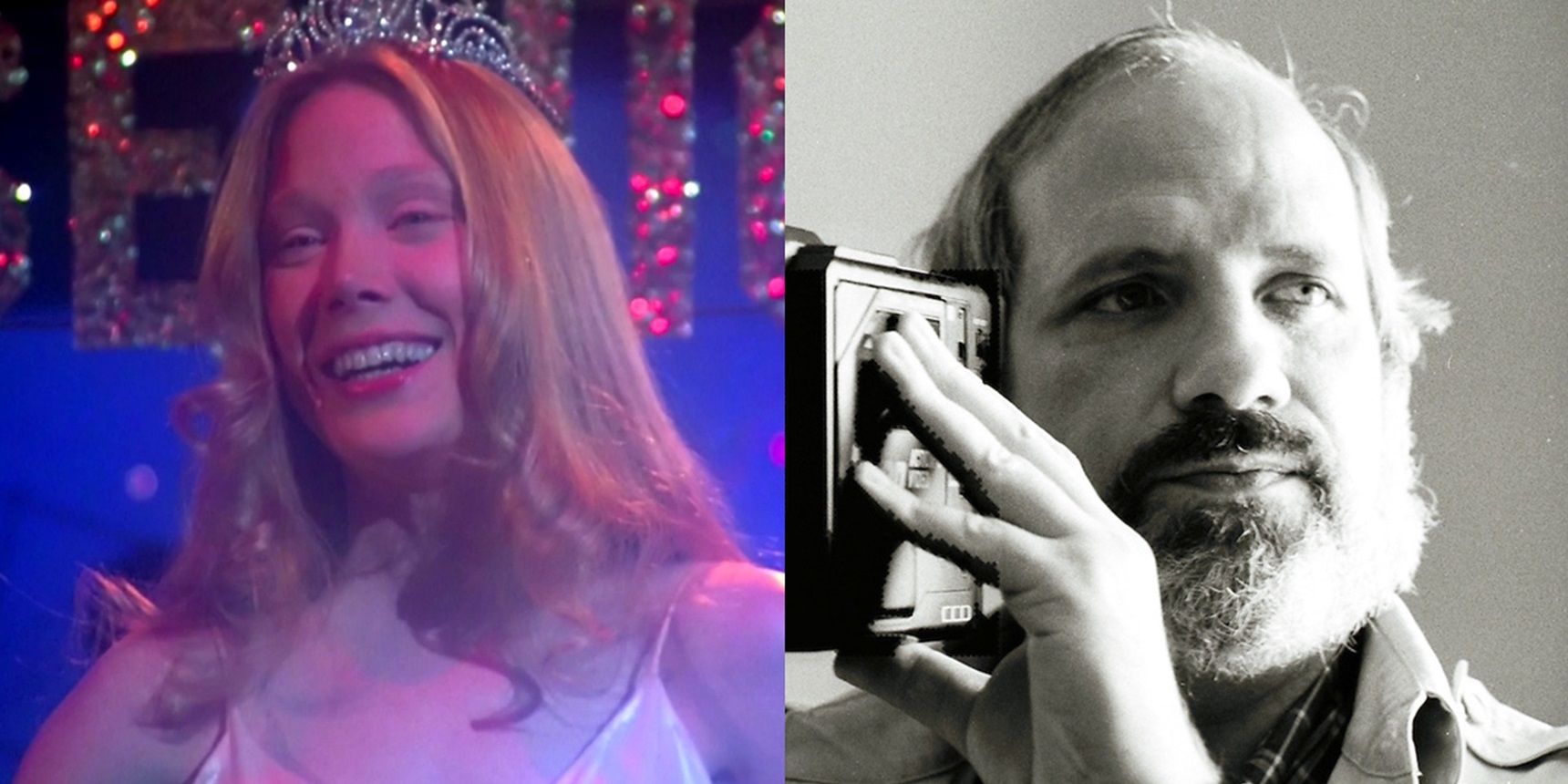 Split image of Sissy Spacek in Carrie and Brian De Palma with a camera