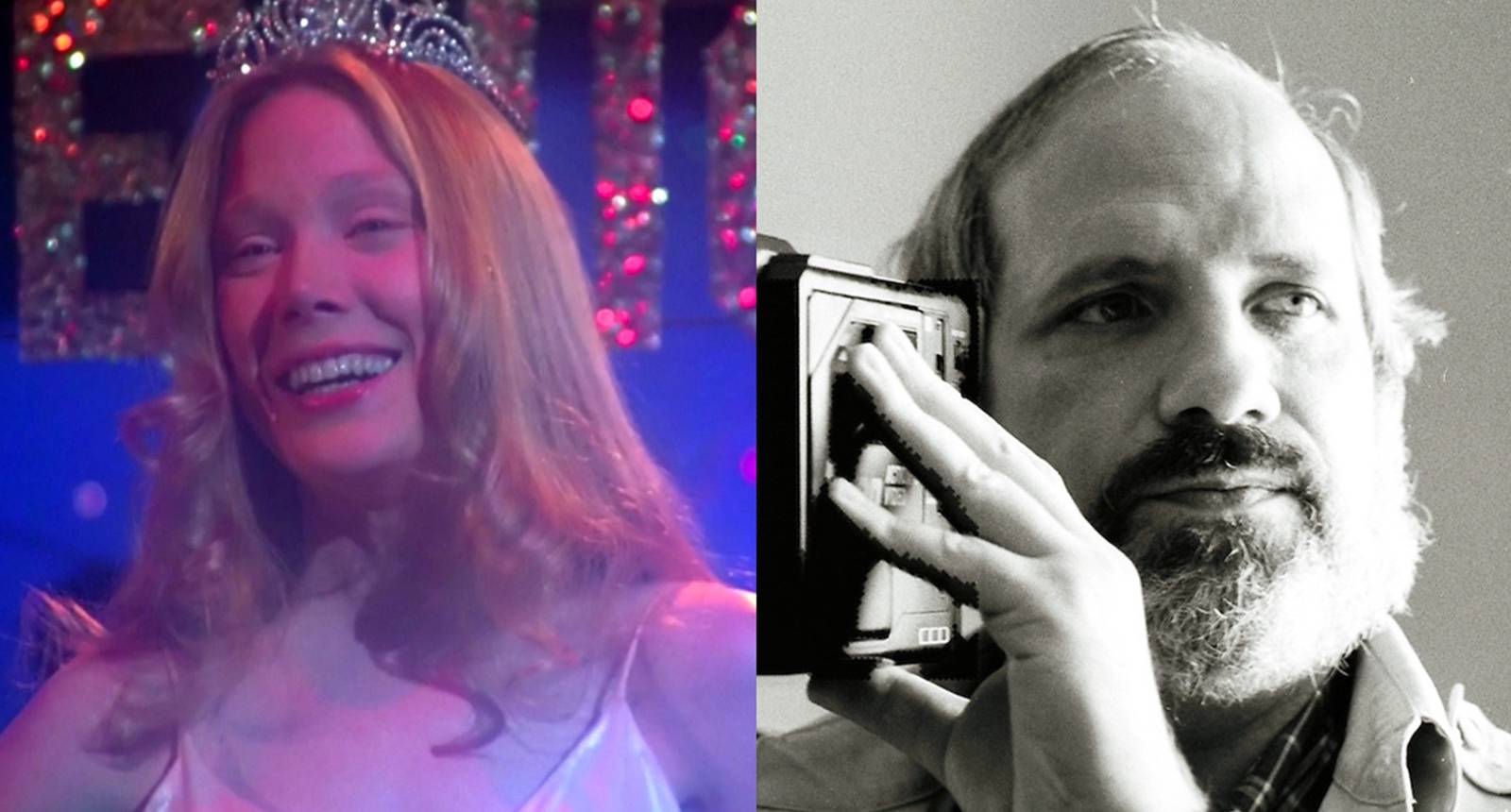 Split image of Sissy Spacek in Carrie and Brian De Palma with a camera