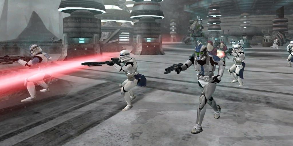 Storm troopers running into battle in Star Wars: Battlefront 2